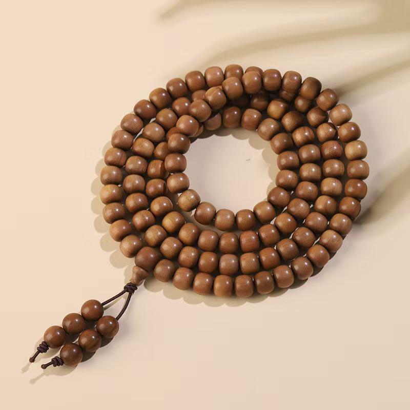 Men's Sandalwood Bracelet - Wenwan Buddhist 108 Barrel Beads Rosary with Milky Fragrance, Retro Design, Sink-Grade Quality.