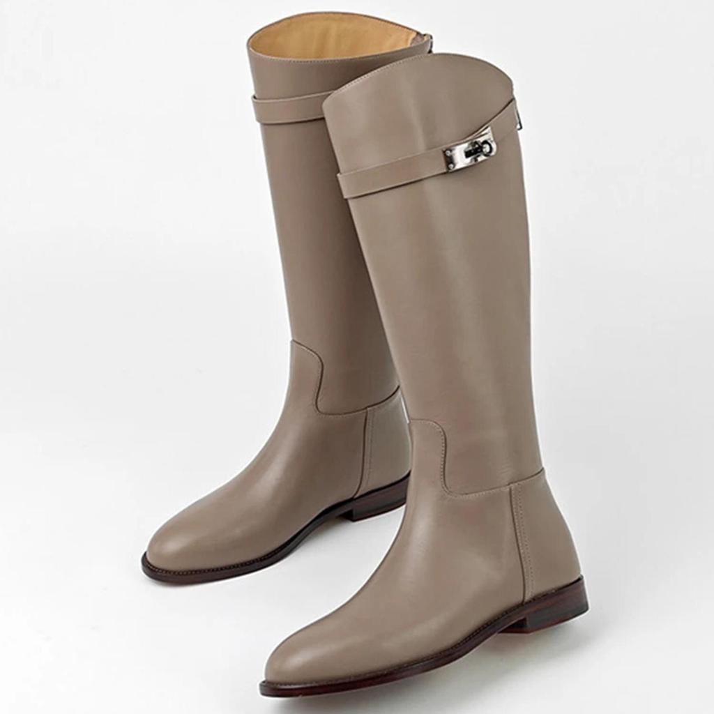 Krazing Pot Hovězí kůže podzimní zimní boty Silné nízké podpatky Jezdecké boty Kovové zapínání s kulatou špičkou Udržujte v teple Luxusní vysoké boty na stehna