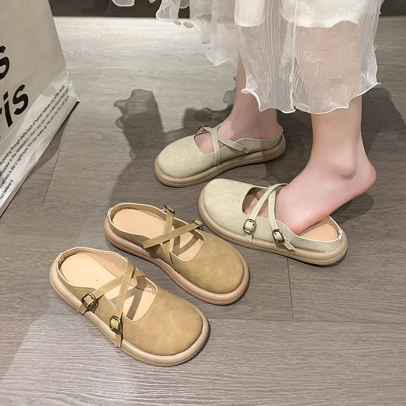 Slippers women's autumn and winter 2025 new bag head platform half slippers fashionable versatile round head cross Mary Jane single shoes