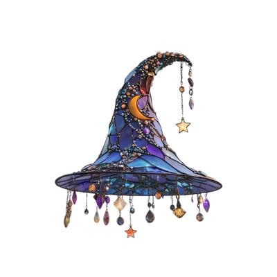 Halloween 2D Acrylic Witch Hat Hanging Decoration With Moon And Star Dangles, Window Ornament