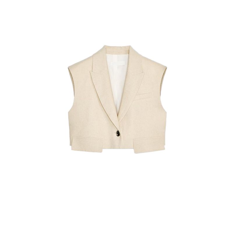 

Linen Blend Lapel Sleeveless Short Vest 2406998 with Belt High Waist Wide Leg Pants 3584998 Light beige Tops S