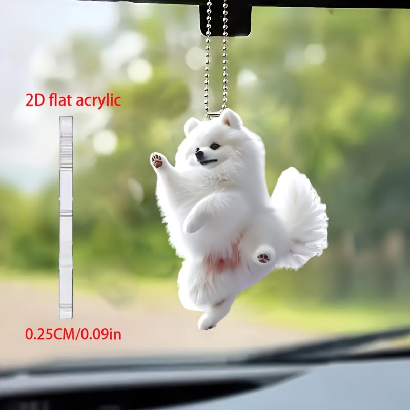 Cute White Pomeranian Dog Running Dancing 2D Acrylic Pendant Car Rearview Mirror Backpack Pet Accessory Dog Lover Gifts