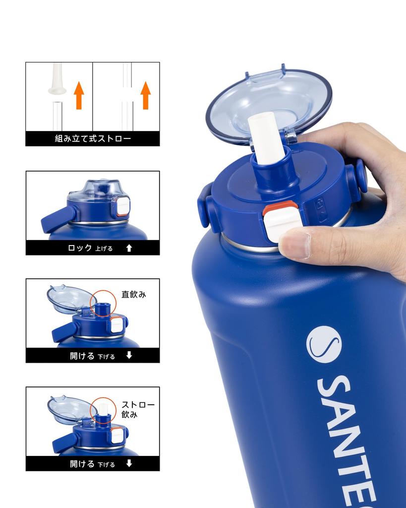 SANTECO Vacuum Insulated Stainless Steel Water Large with for Direct Blue Bottle, 1900ml, Capacity, Straw, Drinking,