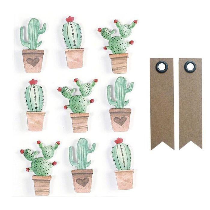 9 3D Mexican Cactus Stickers 4.5 Cm + 20 Kraft Pennant Labels