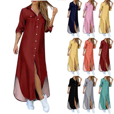 Shirt Dresses For Women Sexy Casual Print Long Sleeve Blouses Loose Slit Maxi Dresses  Button Down