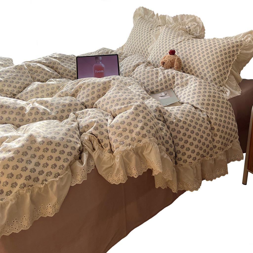 Pastoral Small Floral Class A Cotton Double-Layer Yarn, Girl'S Heart Is Soft And Waxy Pure Cotton Lace Quilt Cover 3-Piece Set Of Sheets