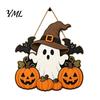 Hanging Door Sign Halloween Wooden Ghost Welcome for Front Door, Rustic Cartoon Hanger Plaque with Pumpkin Wizard Hat And Broom Holiday Party