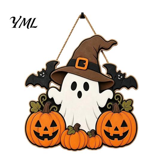 Hanging Door Sign Halloween Wooden Ghost Welcome for Front Door, Rustic Cartoon Hanger Plaque with Pumpkin Wizard Hat And Broom Holiday Party