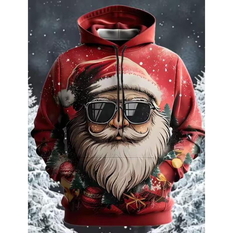 Holiday Santa Print Hoodie for Men, Diverse Christmas Figure and Snowflake Scene Pattern Full Graphic Loose Pullover, Perfect for Outdoor Trips