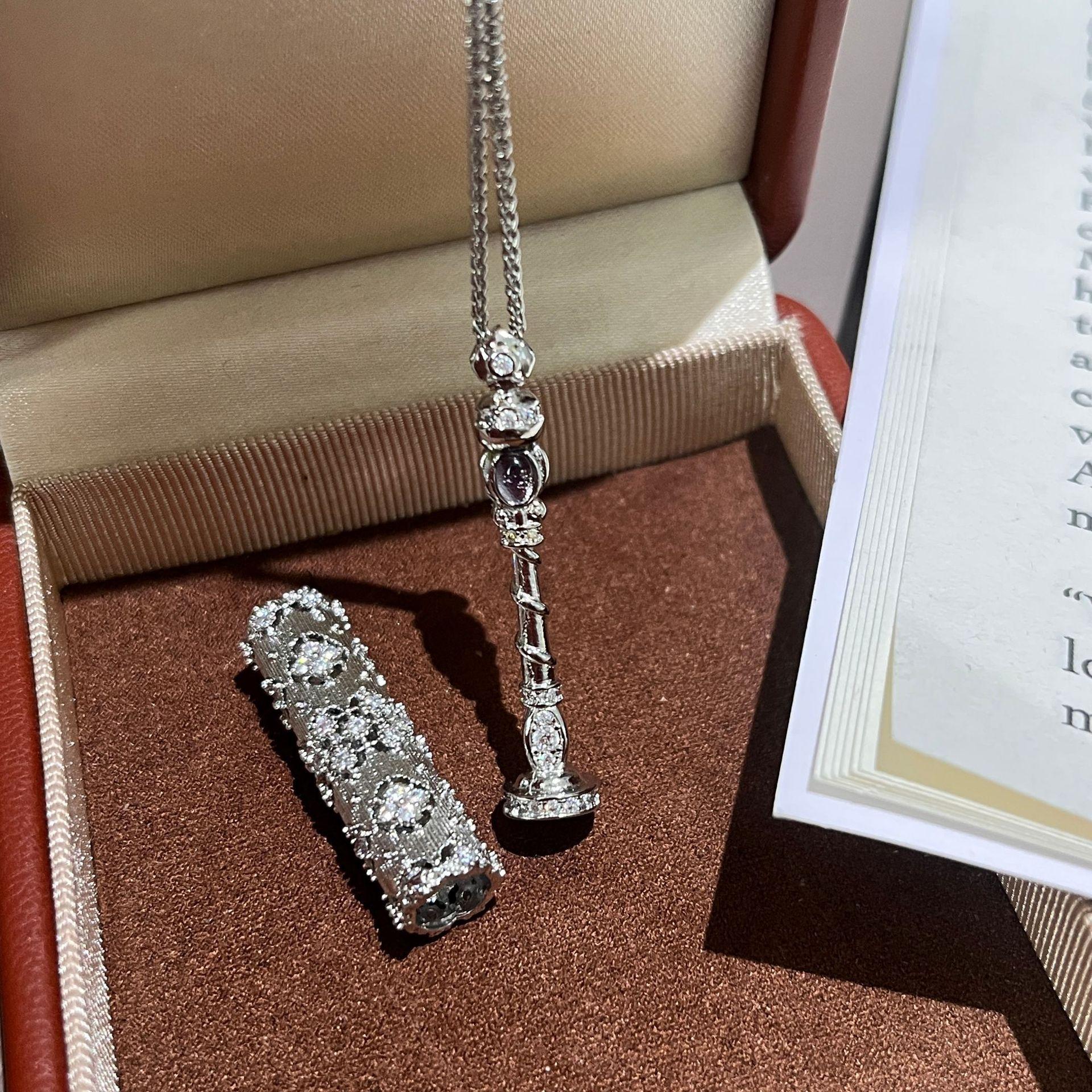 

Fairy Magic Wand Necklace Four-Leaf Clover Point Diamond Multi-Element Combination Pendant Brushed Retro Antique Collarbone Chain
