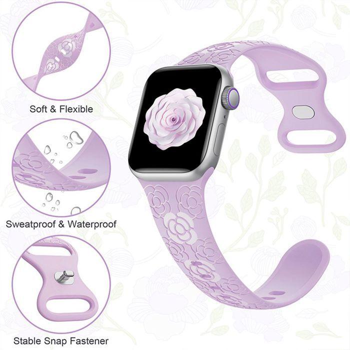 Bracelet pour Apple Watch Series Ultra 2/3, 11, 10, 9 8 SE 7 6 5 4 3 2 1 46mm-45mm-44mm-42mm-49mm Silicone Motif Floral Lavande