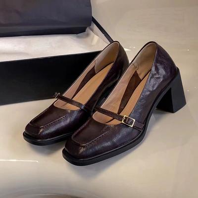 Mode Cuir Véritable Ceinture Un Mot Escarpins à Talons Mi-Hauts Peu Profonds Mary Jane Chaussures Décontractées Polyvalentes Bout Carré Plateforme Sandales Adorables pour Femmes