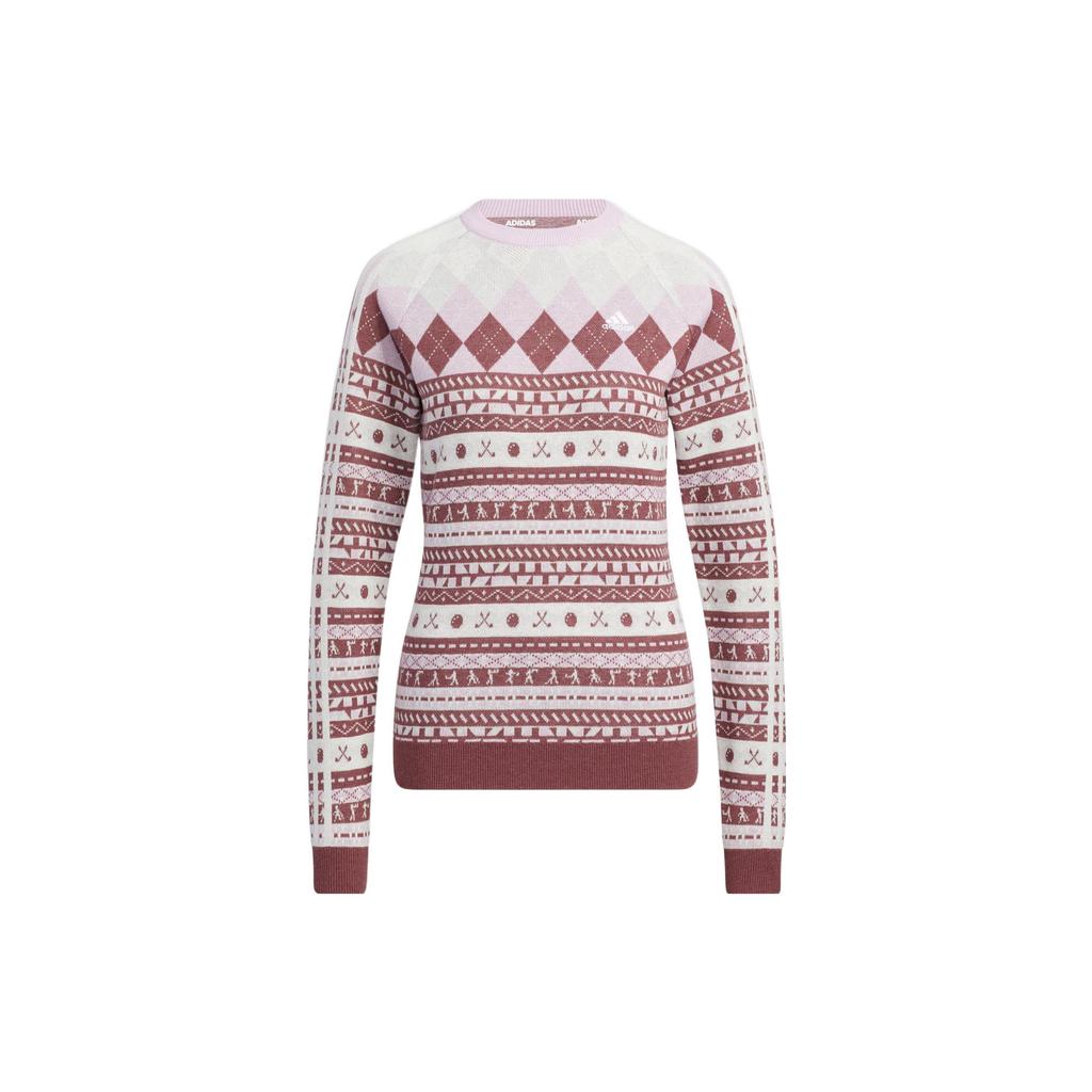 Adidas Round Neck Pullover Pattern Print All Over Brand Logo Embroidery Knit Sweater Women Sweater Light-Deep-Red HG8213