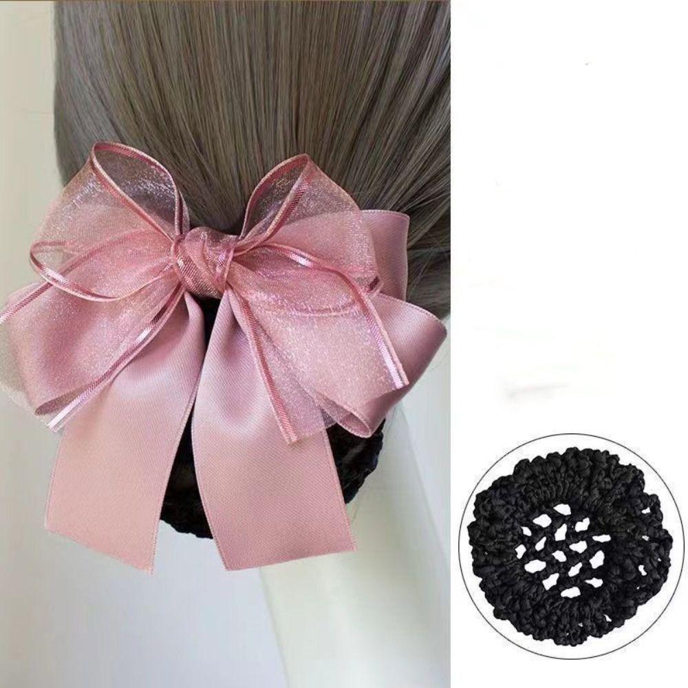 Elegant Bow Korean Bun Snood Women Spring Clips Cloth Bowknot Hair Bun Korean Style Hairgrips Cover Net For Girls
