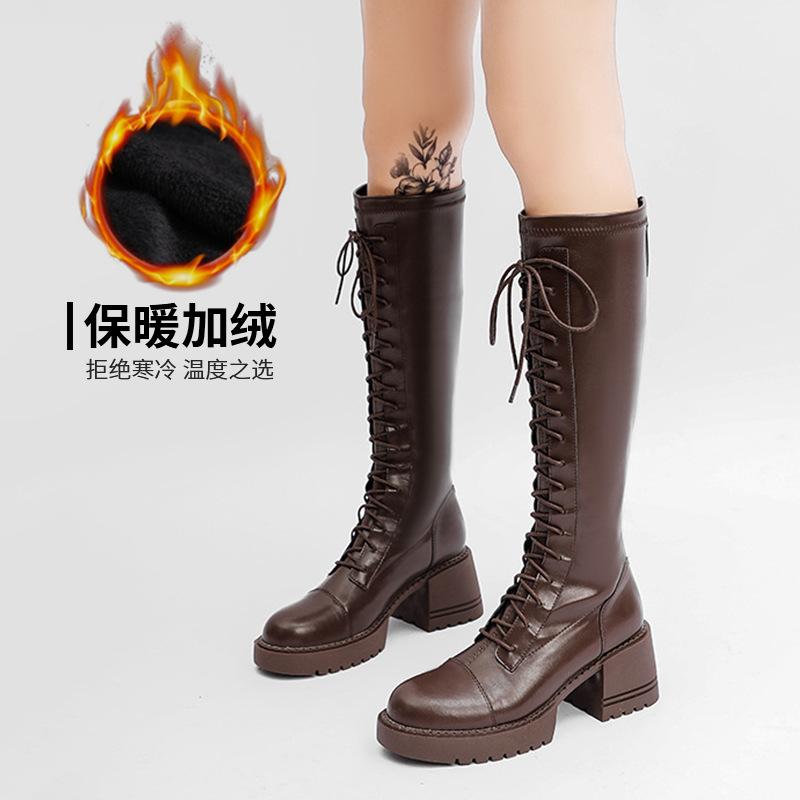 

2024 осень и зима новые длинные ботинки Martin женские на шнуровке высокие рыцарские сапоги женские с круглым носком толстый каблук толстая подошва длинные ботинки женские 40