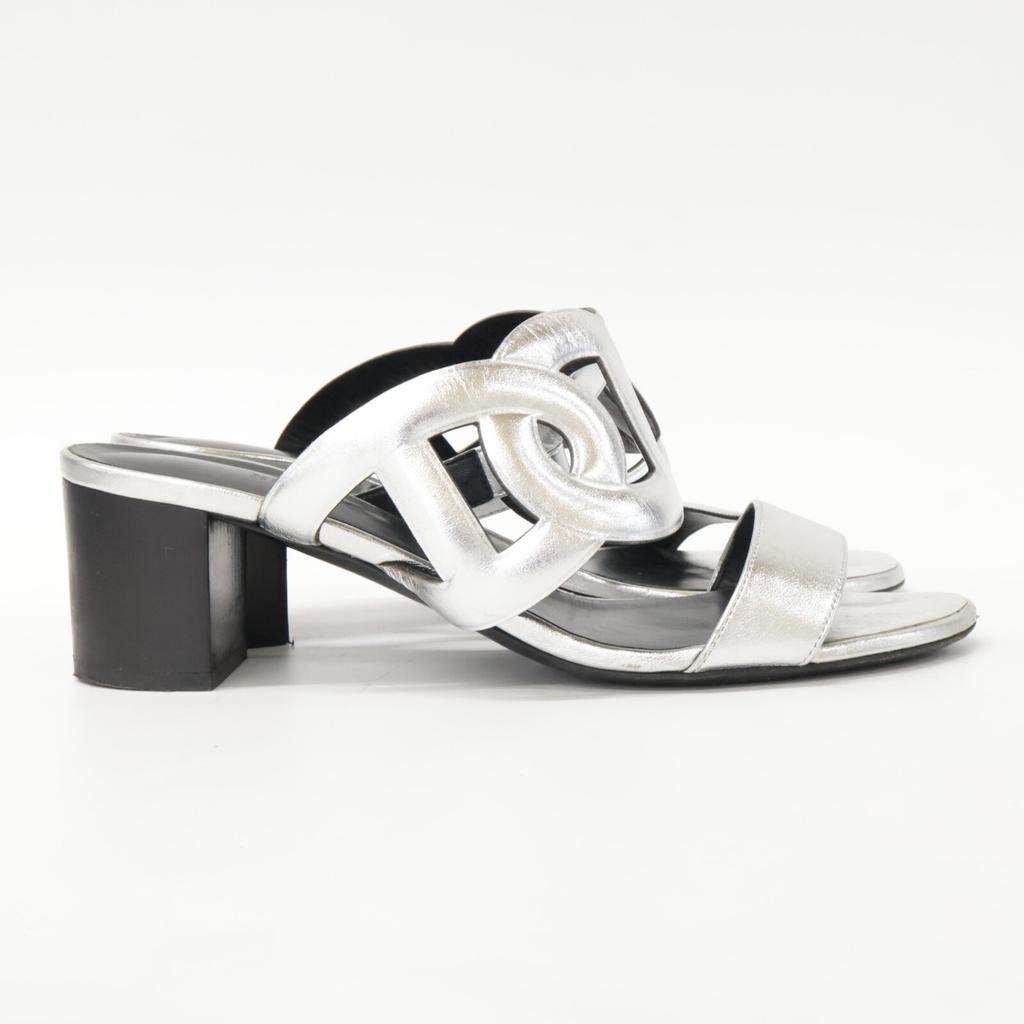 HERMES H202180Z Bikini Sandal with Chaine d'Ancre Motif in Metallic Nappa with Chunky Heel shoes 38 1/2 SilverUsed