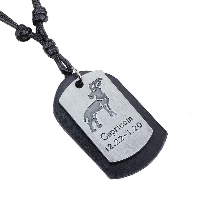JMXD-European and American Twelve Constellation Necklace Retro Brushed Metal Pendant Genuine Leather Wax Rope Woven Constellation Series Necklace