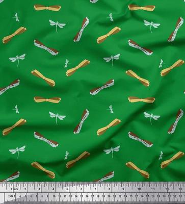 Green Japan Crepe Satin Fabric Bow & Dragonfly Insect Decor Fabric Printed Metre 42 Inch