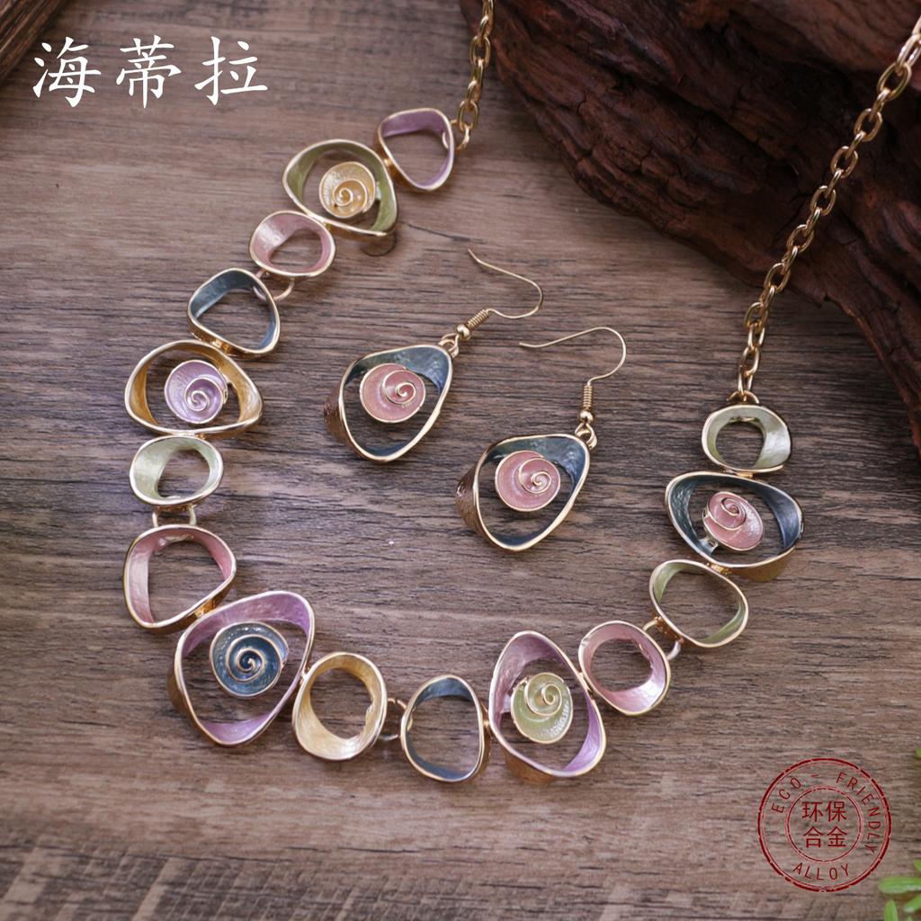 New Color Painting Oil Hollow Flower Earrings Necklace Set, Women's Fashion High-end Flower Necklace