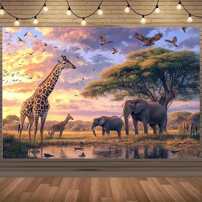 1pc African Wildlife Hunting Background - Vibrant Sunset Prairie Scene with Giraffes, Elephants and Birds - Durable Polyester