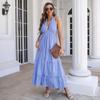 Summer Women's Lattice Hanging Neck Dress Bohemian Holiday Range Waist Ruffle Large Swing Long Dress