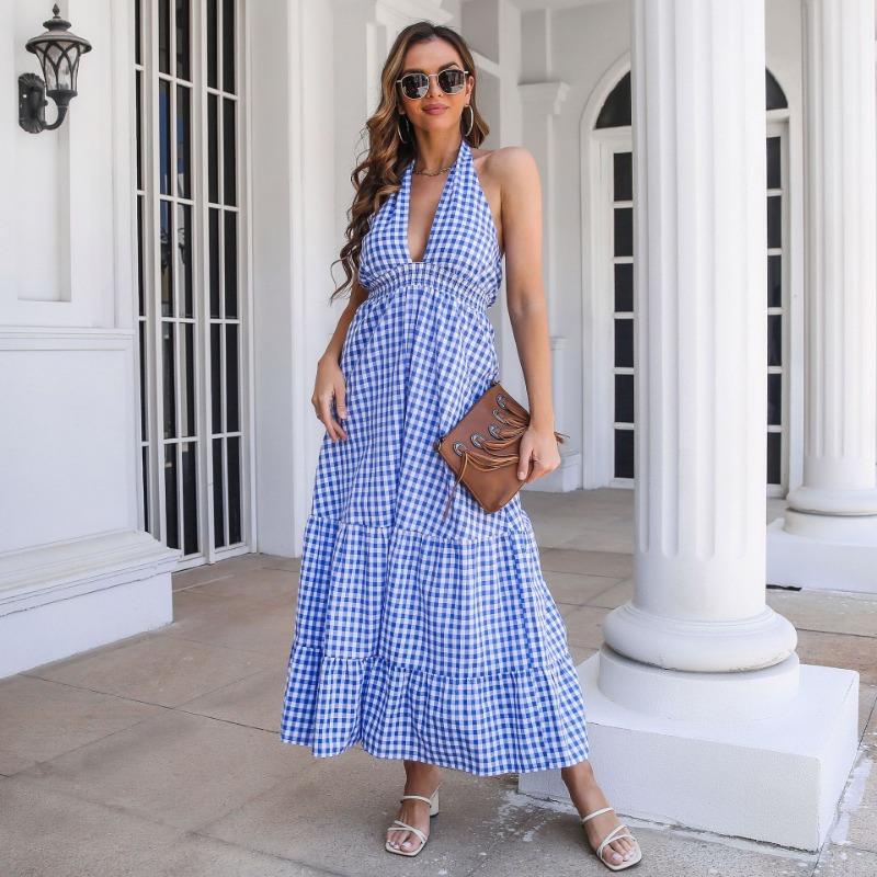 Summer Women's Lattice Hanging Neck Dress Bohemian Holiday Range Waist Ruffle Large Swing Long Dress