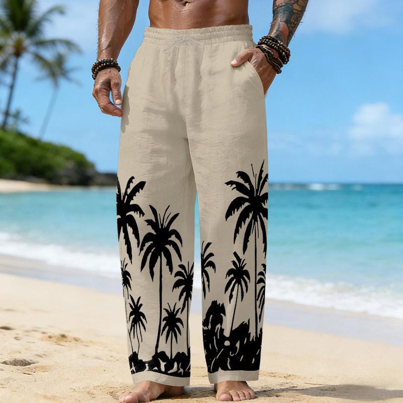New Men’s All-season Loose-fit, Breathable Hawaiian-print Linen Casual Beach Trousers