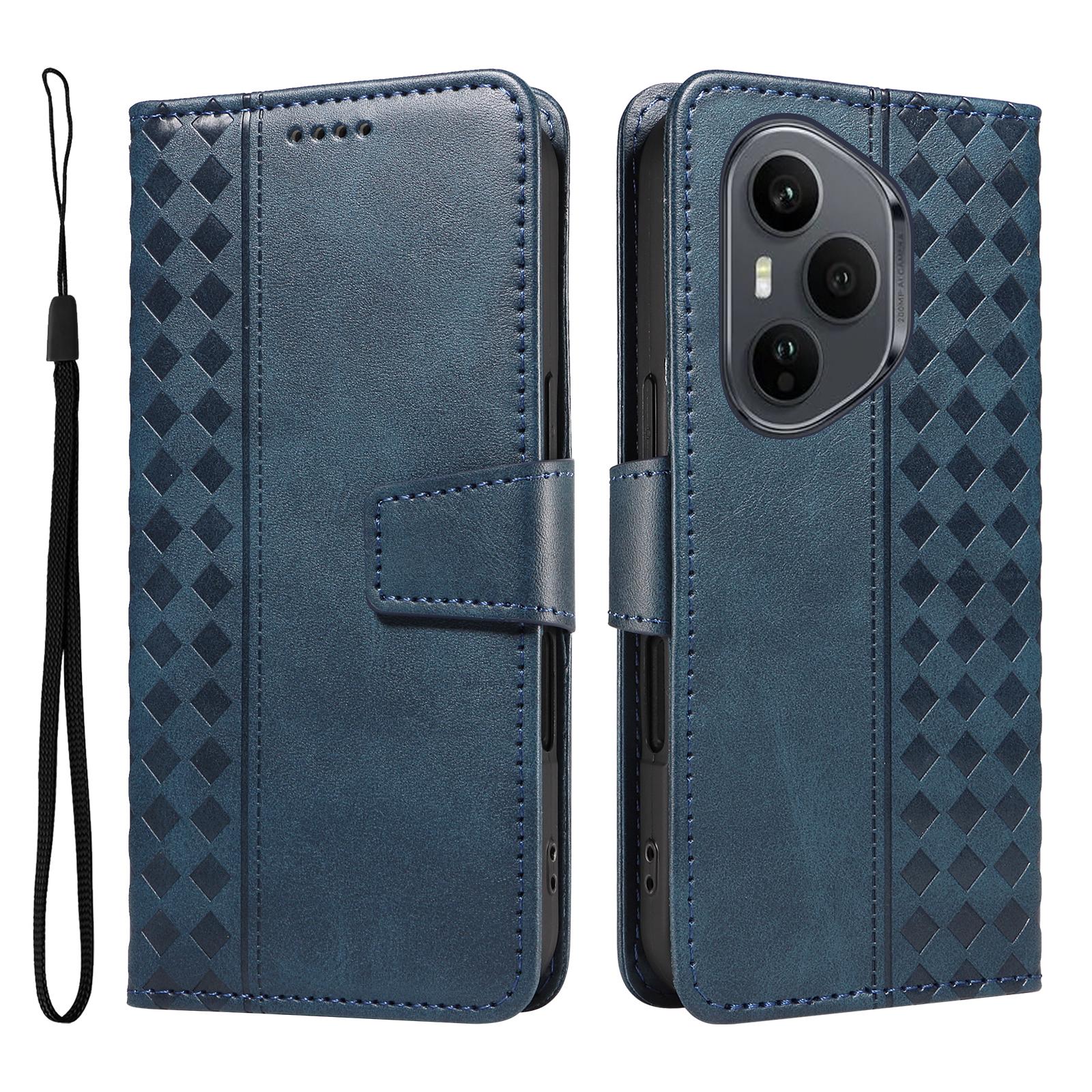 

Для Honor 400 Pro 5G (Глобальный) Кожаный чехол-кошелек-подставка с тиснением в виде сетки, чехол для телефона с ремешком Blue