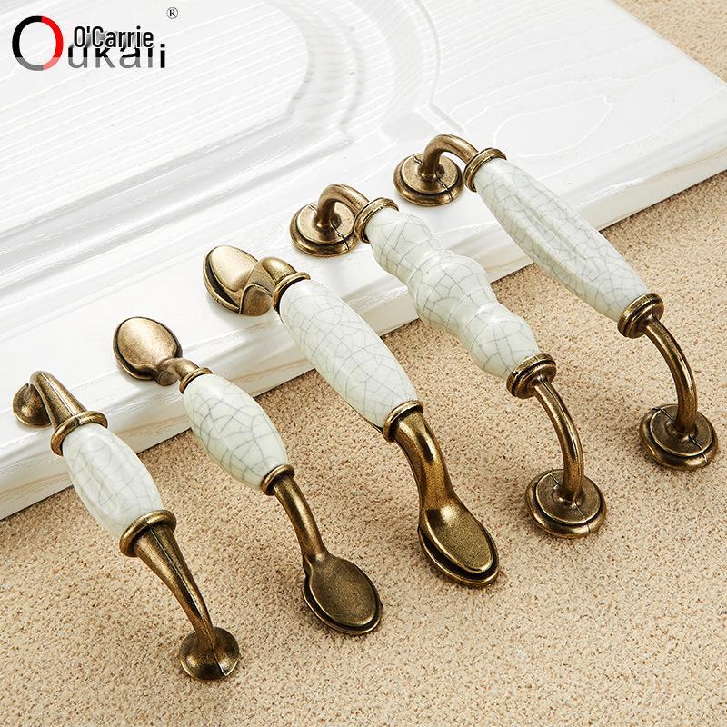 Oukali European Antique Green Bronze Ceramic Crack Handle for Kitchen Cabinet and Furniture Drawer