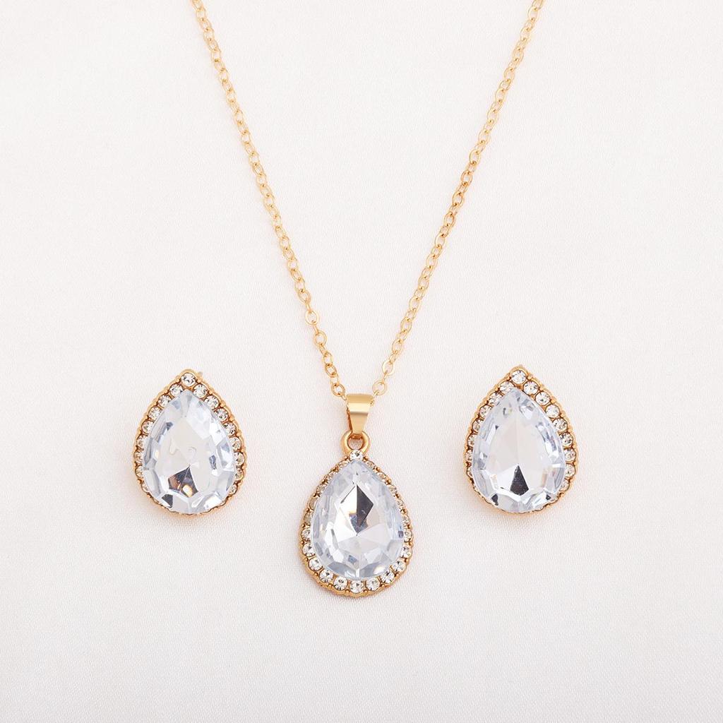 European & American Versatile Rhinestone Necklace & Earrings Set - Classic Multicolor Water Drop Glass Crystal Jewelry (3 Pieces)