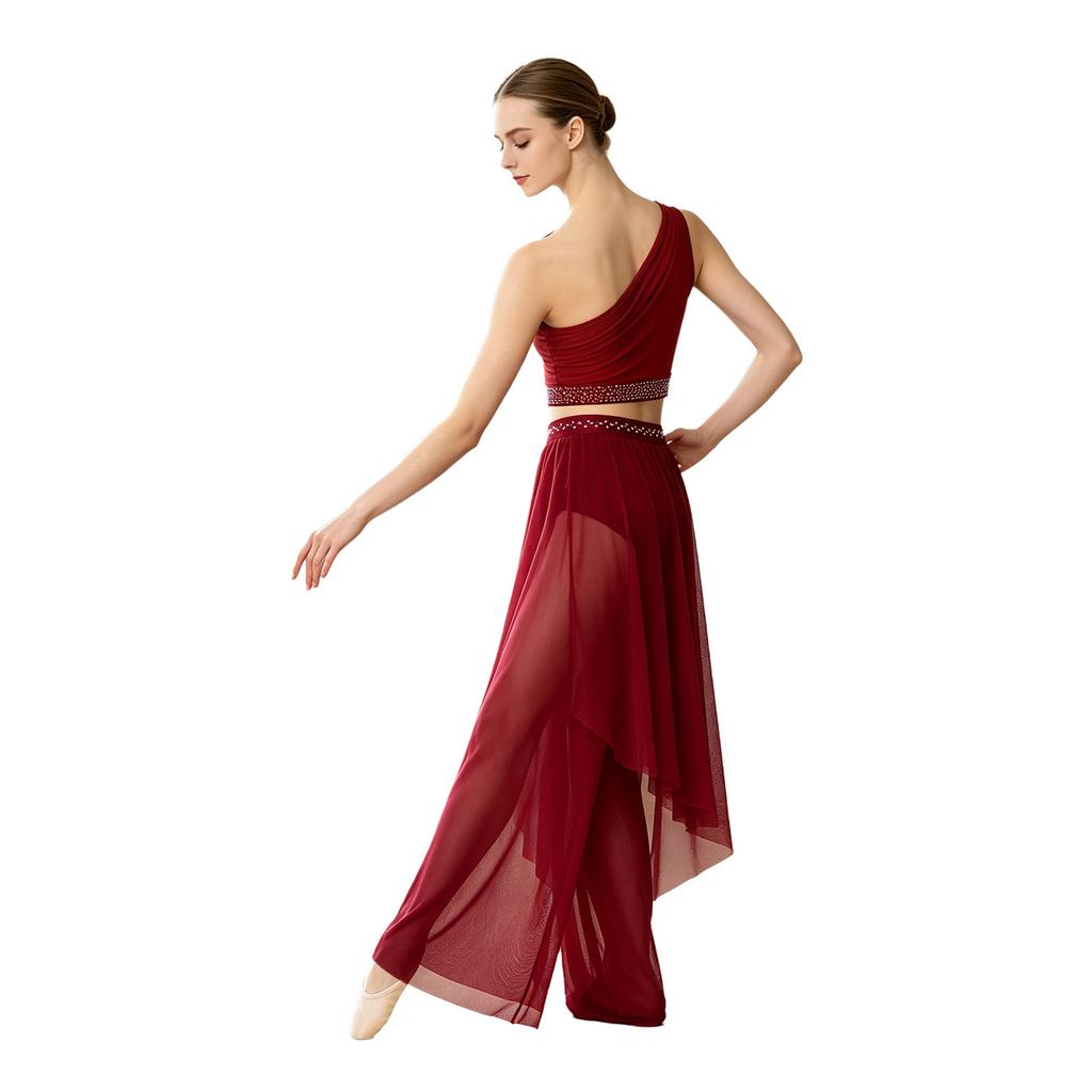 Abbigliamento da Danza da Donna Crop Top Asimmetrico con Strato Superiore e Strass, Monospalla in Rete Arricciata, con Pantaloncini Integrati per Performance Lirica