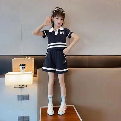 Girls Summer Letter Short-sleeved Shorts, Big Children's Student Casual Two-piece Suit