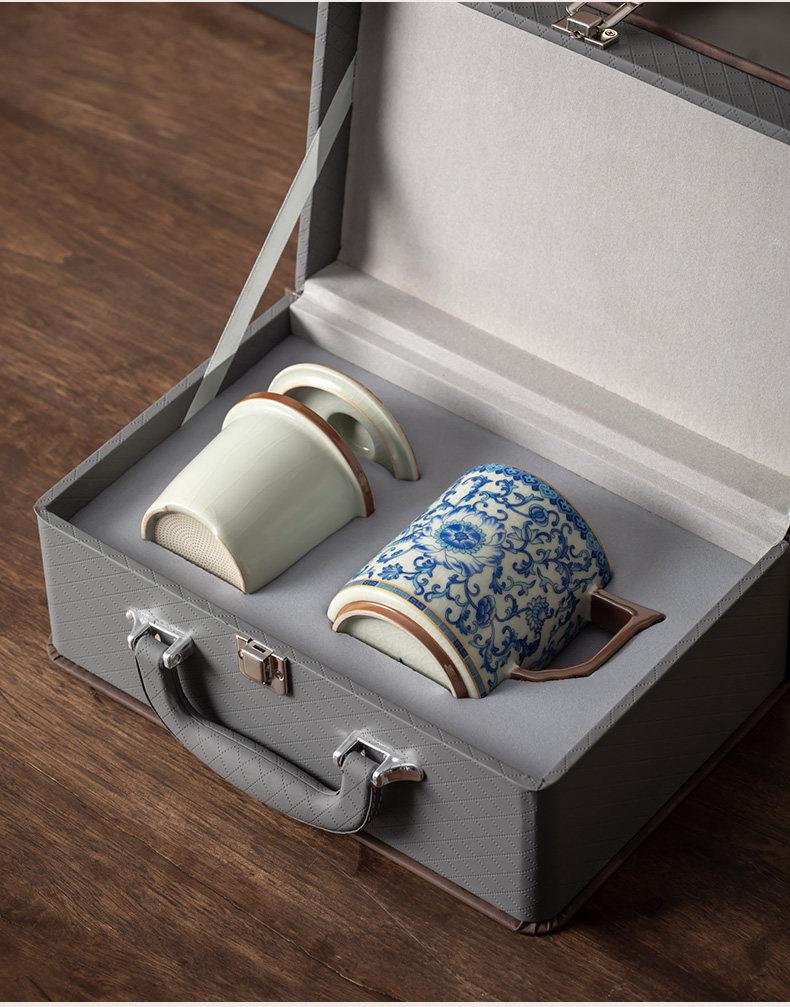 Blue & White Lotus Pattern Ceramic Mug with Lid - Chinese Style Gift Box Set for Home or Office
