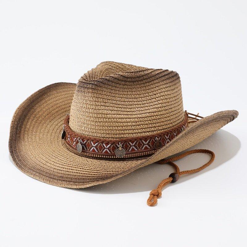 Ethnic style straw woven western cowboy hat for men and women summer Xinjiang travel big brim straw hat sunshade jazz hat