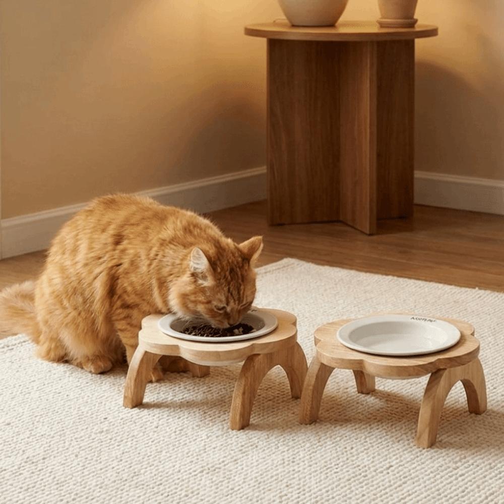 Ceramic Flower Shaped Pet Bowl Non-Slip Detachable Elevated Cat Bowl with Wooden Stand Anti-Spill Cat Drinking Plates