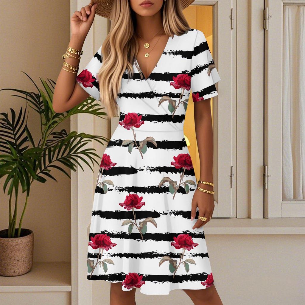 Women's Summer Classic Print Dress Casual Beach A-line V-neck Loose Sundress
