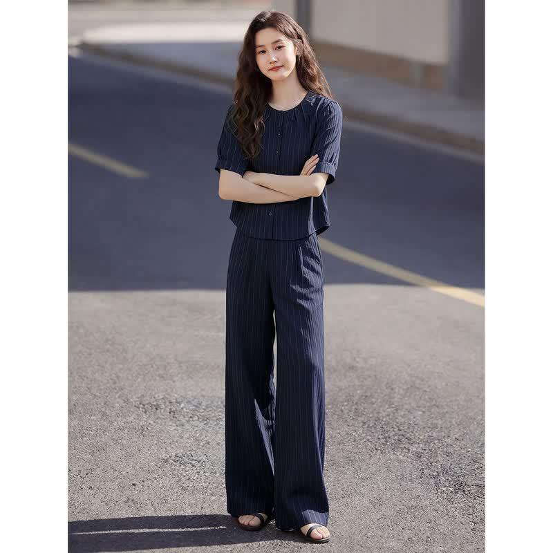 Linen Blend Casual Shirt & Wide-Leg Pants Set
