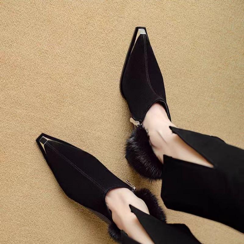 Autumn New Coarse Heel Shoes Women Metal Pointed Side Zipper Anti-slip Wear-resistant Plush Low-top Shoes