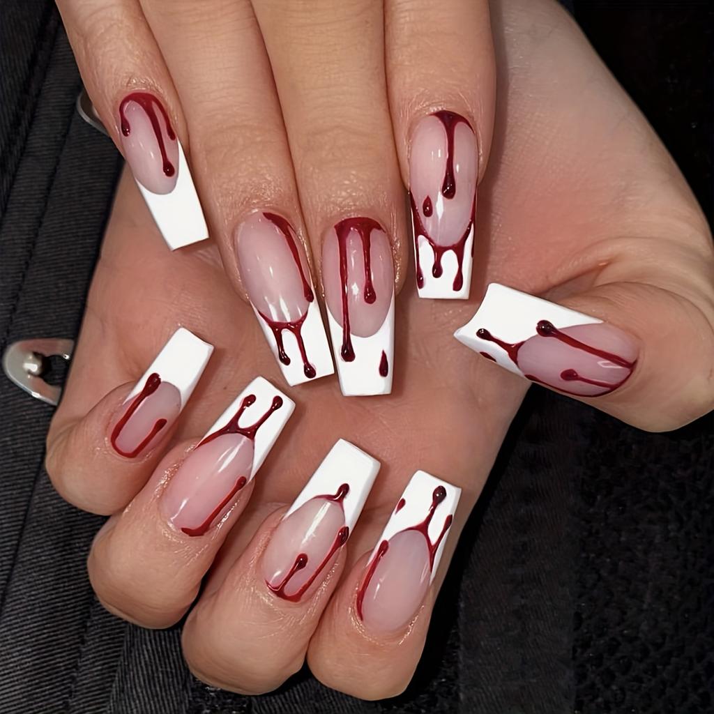 24pcs Halloween Red Blood Droplet Fake Nails White French Tip Press On Nails, Coffin Long False Nails For Women Girls Halloween Party Nail Decoration