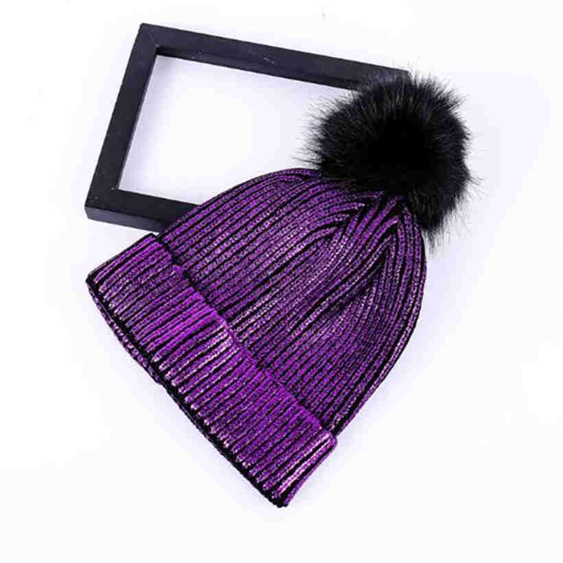 Females Autumn Winter Warm Wool Ball Knitted Hat Beanie Cap Solid Color All Match Cap фиолетовый