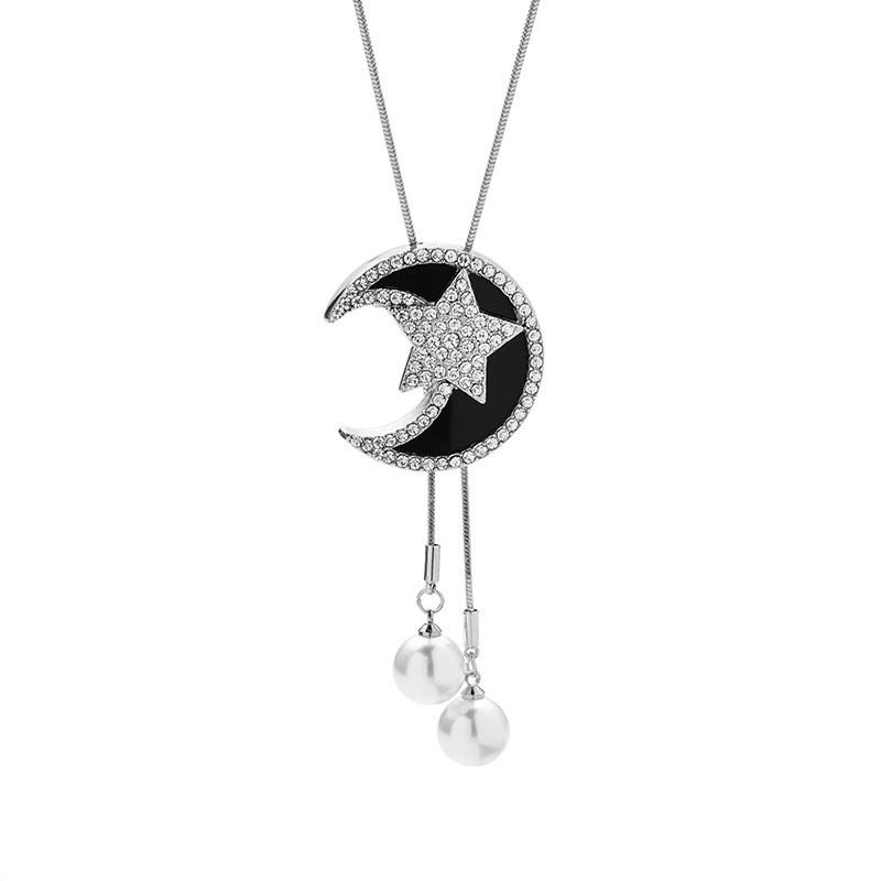 Fashionable Korean Style Long Pearl Pendant Necklace With Star And Moon Tassel