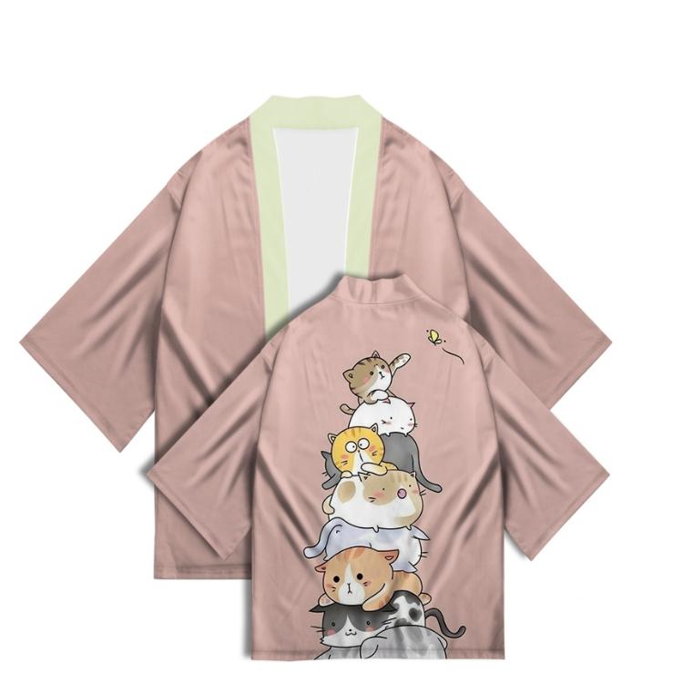 New Women's Cute Kitten Digital Print Summer Seven Sleeve Kimono Cardigan Japanese Kimono