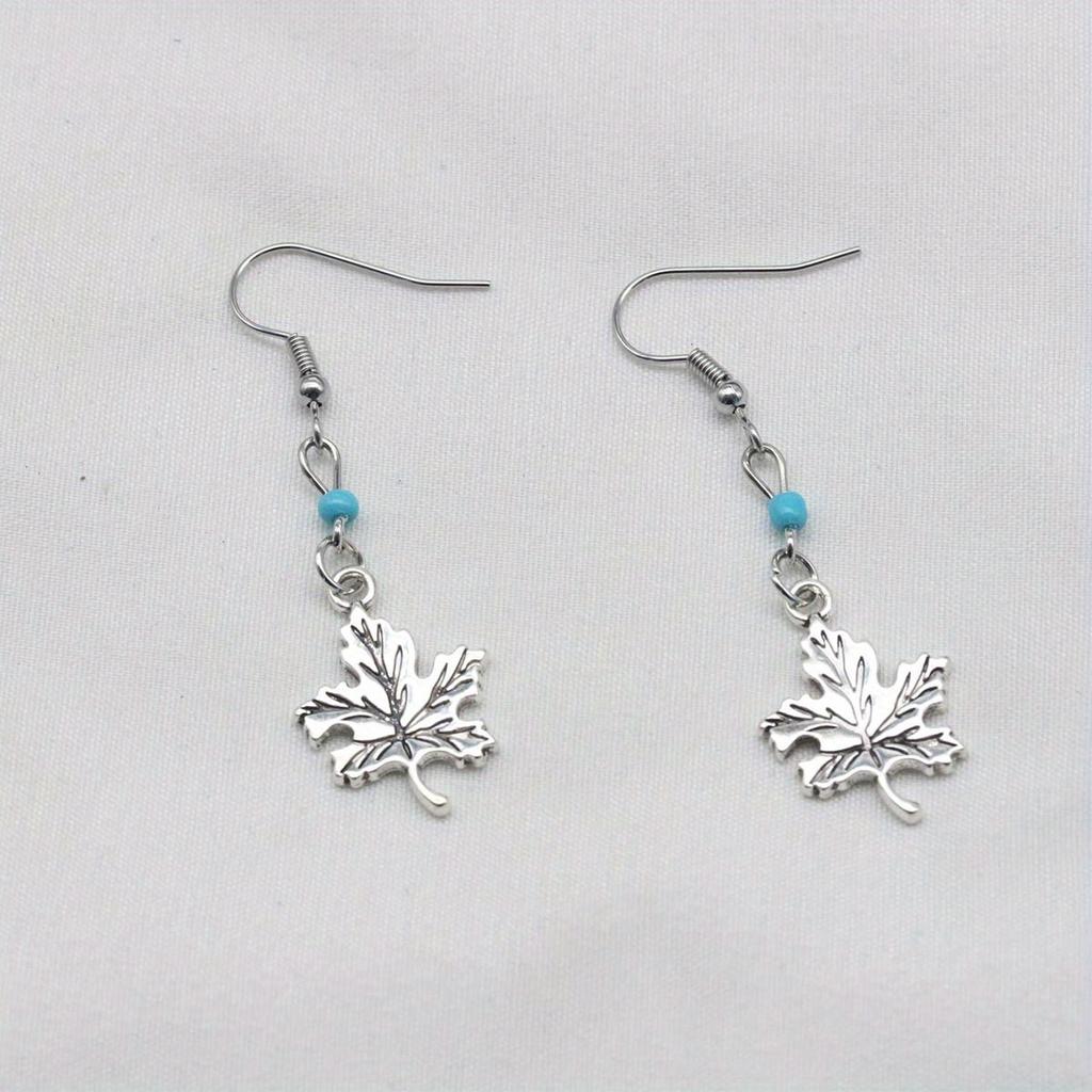 1 Pair of Maple Leaf Element Silver Inlaid Blue Bead Earrings, Naturalistic Design