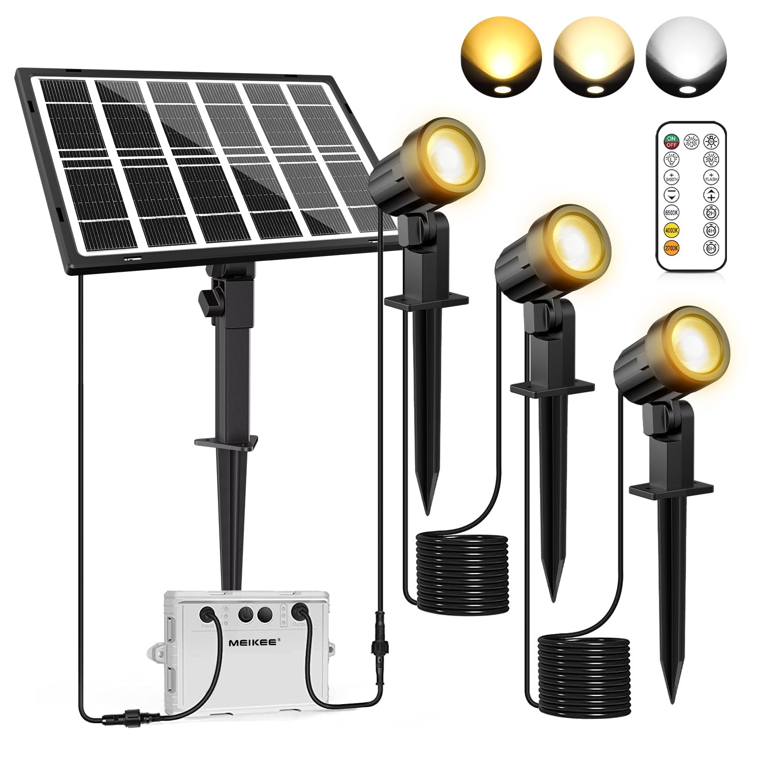 

MEIKEE Улучшенный солнечный садовый уличный солнечный свет с пультом дистанционного управления Прожектор с теплым, нейтральным и дневным светом IP66 Свет Автоматическое непрерывное время работы Непрерывный