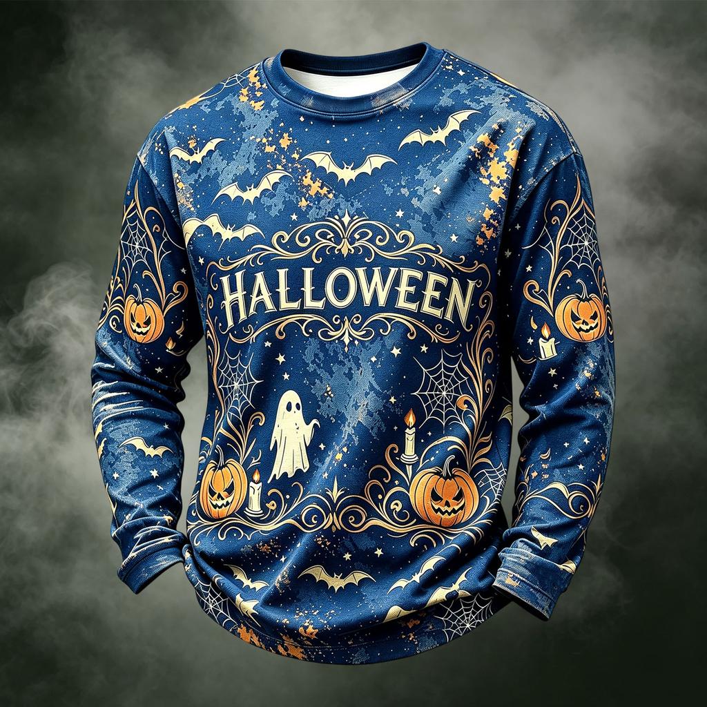 Men's Casual Knit Neck Long Sleeve Top with Halloween Print