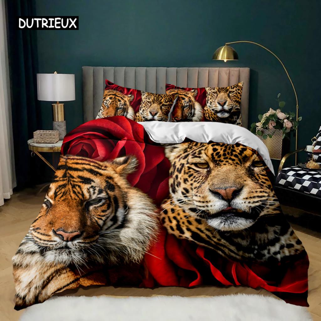 Tiger Duvet Cover Set Red Rose Flower Comforter Cover Boys African Safari Wild Animals Big Cat Queen King Polyester Qulit Cover
