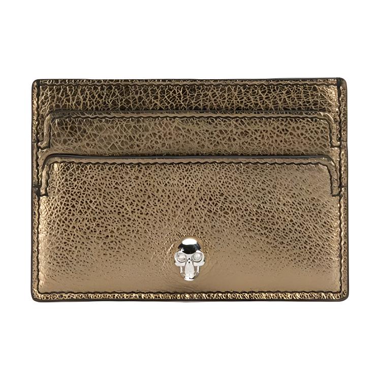 

Alexander Mcqueen Skull Metallic Leather Card Holder, Gold, Silver Skull Detail, Unisex Card Case Wallet for Daily Use 554193-CSS0I-7048 Box(Basic Set+Box)
