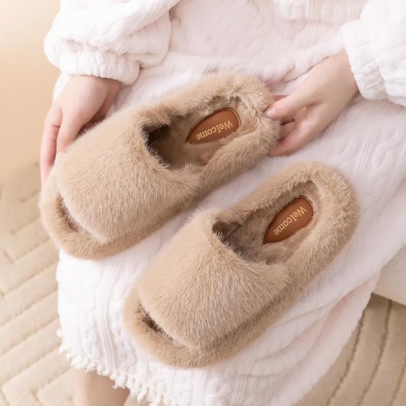 Fur Slippers Women Platform Autumn Winter Cozy Open Toe Breathable Living Room Shoes