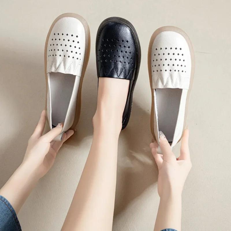 Fujin 2.5cm Genuine Leather Slip on Ladies Summer Elegance Comfy Soft Soled Luxury Ethnic Woman Shallow Moccasin Flats Shoes
