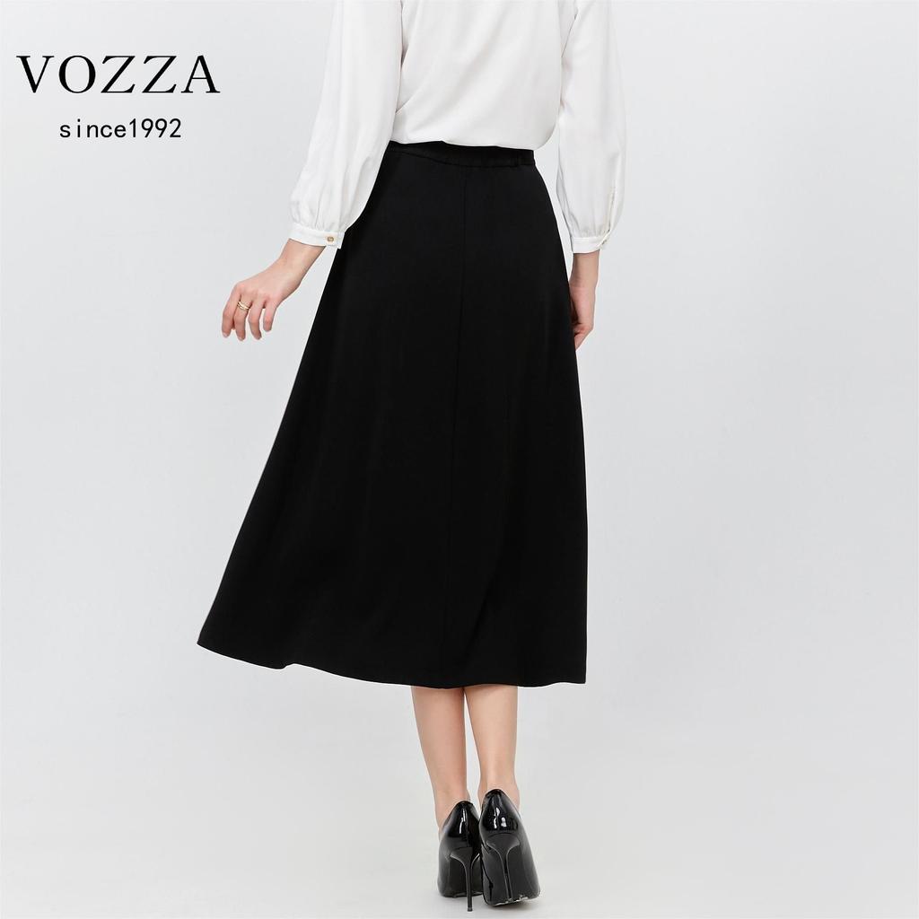 VOZZA Flared Skirt with Elastic Circular Midi Solid Sizes Black Women's Midi-Length Waist, A-Line, Below-the-Knee, High-Waisted, Skirt, Length, Lined,